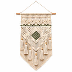 Ivory and sage diamond macrame wall hanging with tassels by Primeval
