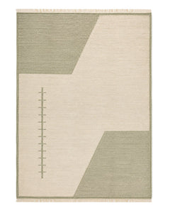 Ivory and sage minimalist geometric kilim rug for wholesale sourcing from India