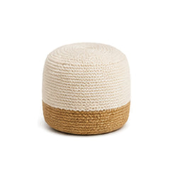 Ivory and tan two-tone tall cylinder pouf ottoman on white background