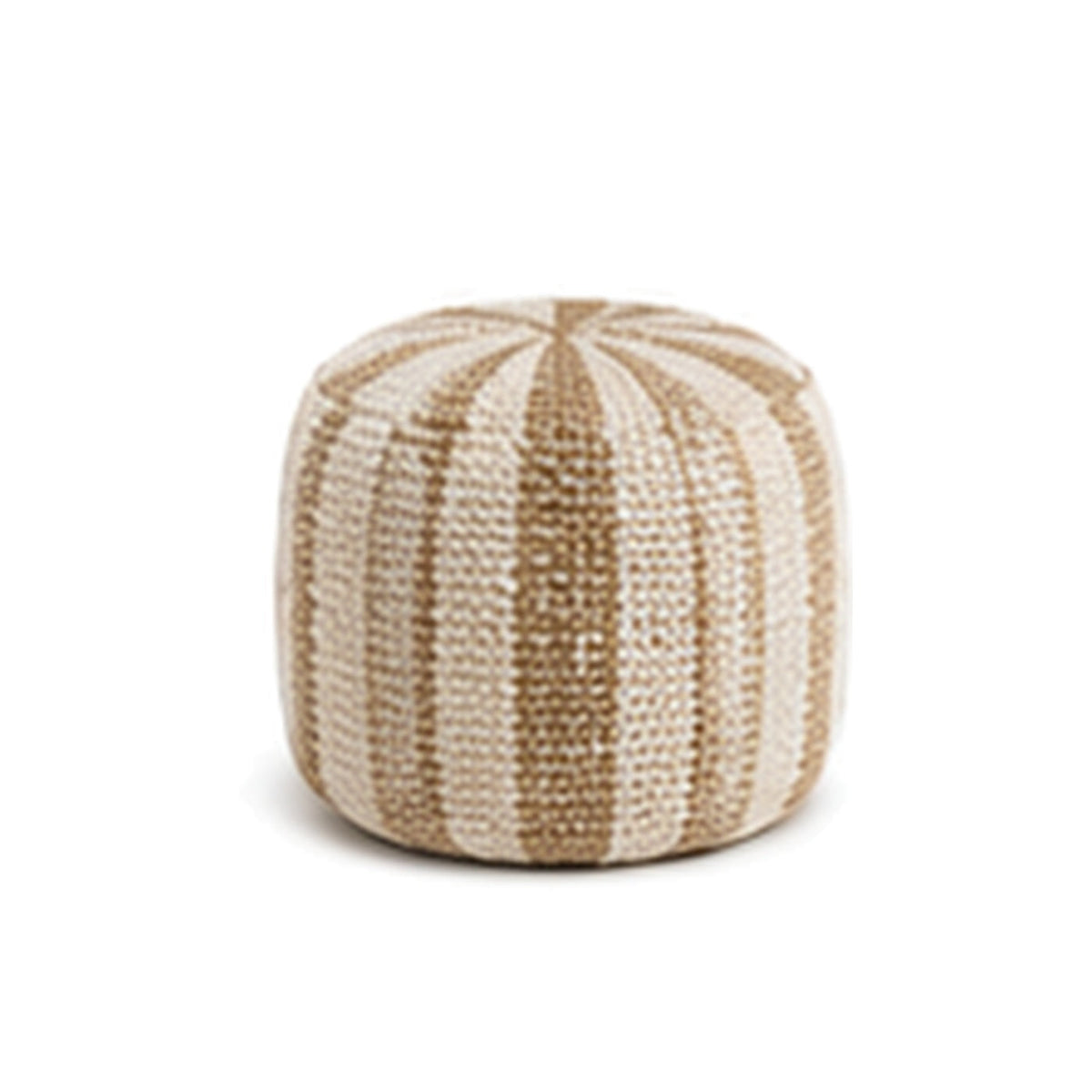 Ivory and tan wide stripe tall cylinder pouf ottoman on white background