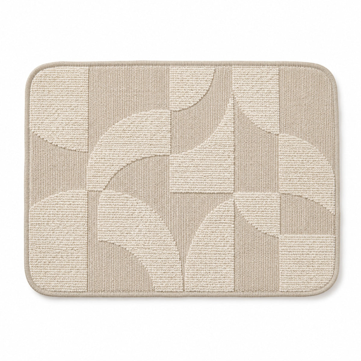 Ivory and taupe rounded placemat with abstract arc patchwork geometry, contemporary textured dining table mat by Primeval