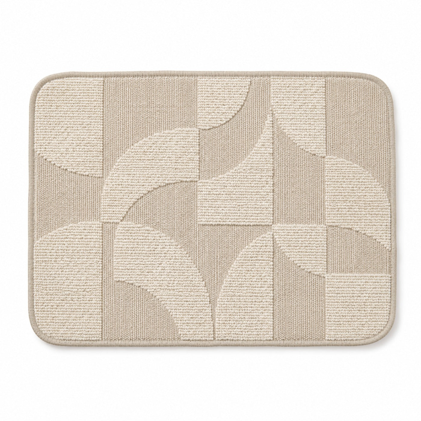 Ivory and taupe rounded placemat with abstract arc patchwork geometry, contemporary textured dining table mat by Primeval