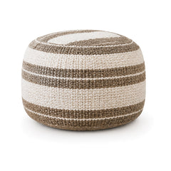 Ivory and taupe broad stripe round pouf ottoman on white background