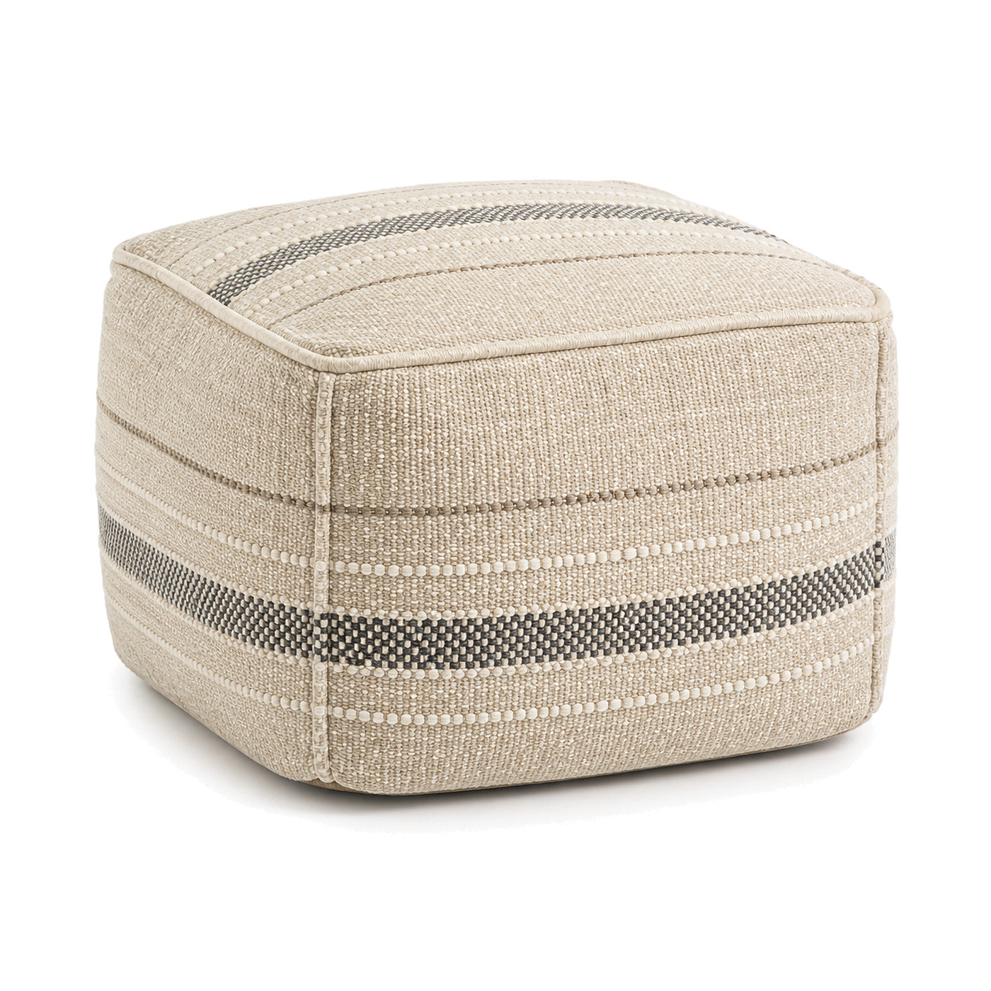 Ivory, Taupe & Charcoal Stripe Woven Cube Pouf by Primeval on white background