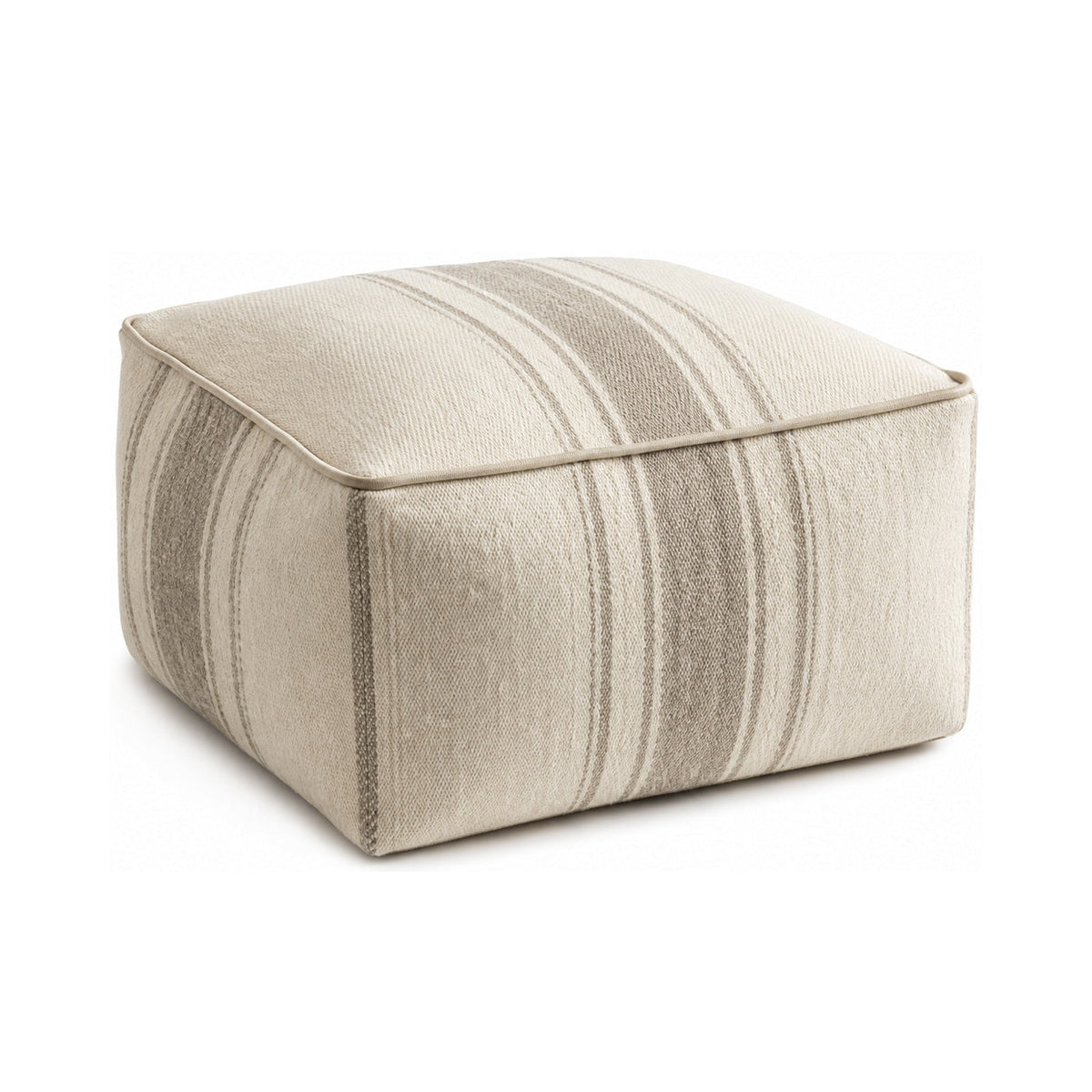Ivory & Taupe Fine Stripe Square Pouf Ottoman on white background