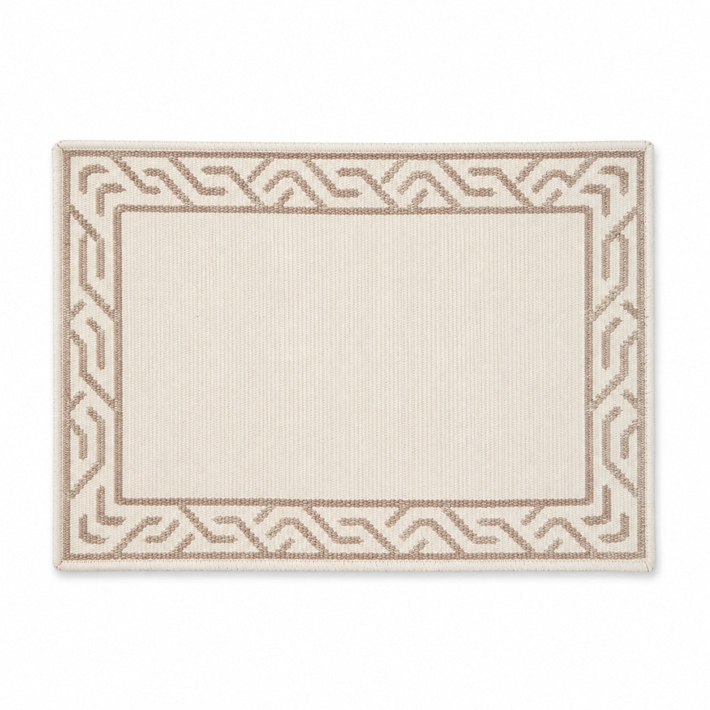 Ivory rectangular placemat with taupe Greek key geometric border, elegant woven dining table mat by Primeval