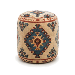 Ivory teal and rust diamond wool kilim cylinder pouf ottoman on white background