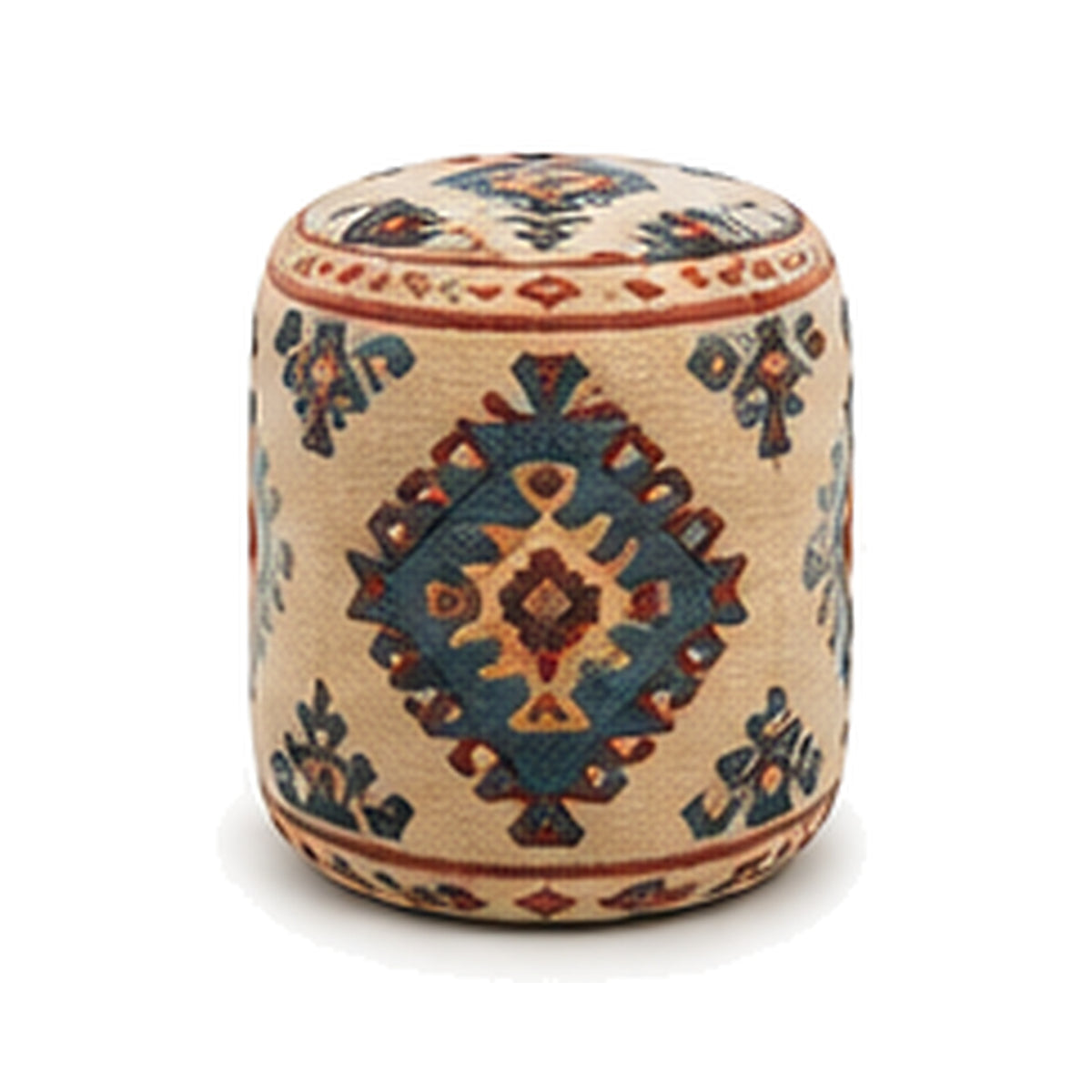 Ivory teal and rust diamond wool kilim cylinder pouf ottoman on white background