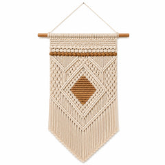 Ivory and terracotta diamond macrame wall hanging with fringe by Primeval