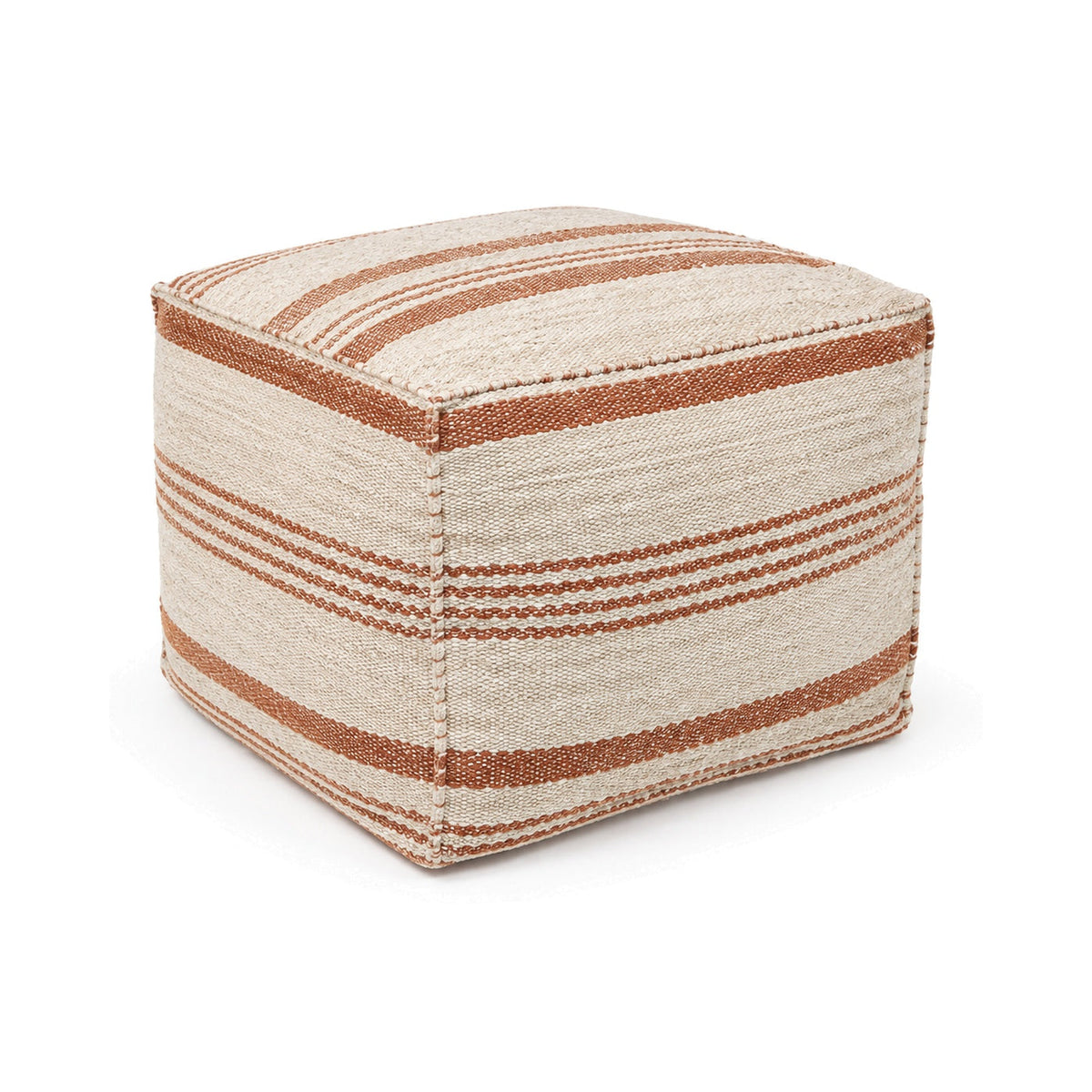 Ivory and terracotta striped cube pouf ottoman on white background