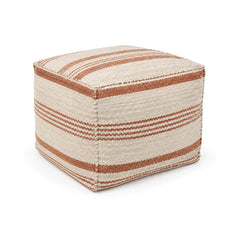 Ivory and terracotta striped cube pouf ottoman on white background