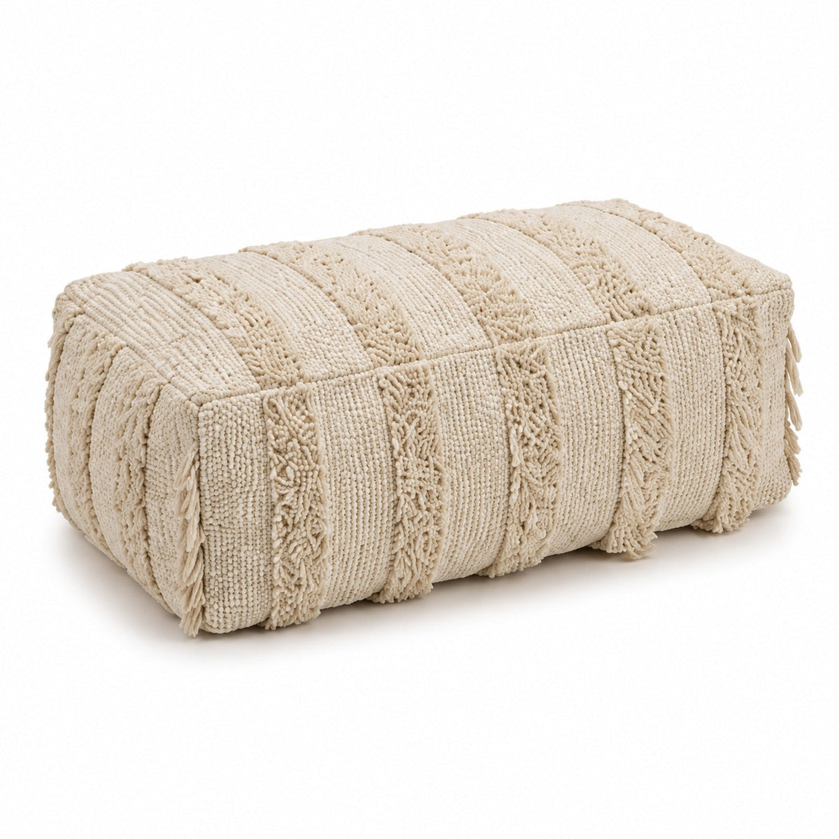Ivory Textured Stripe Tufted Rectangular Pouf with Fringe on white background