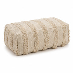 Ivory Textured Stripe Tufted Rectangular Pouf with Fringe on white background