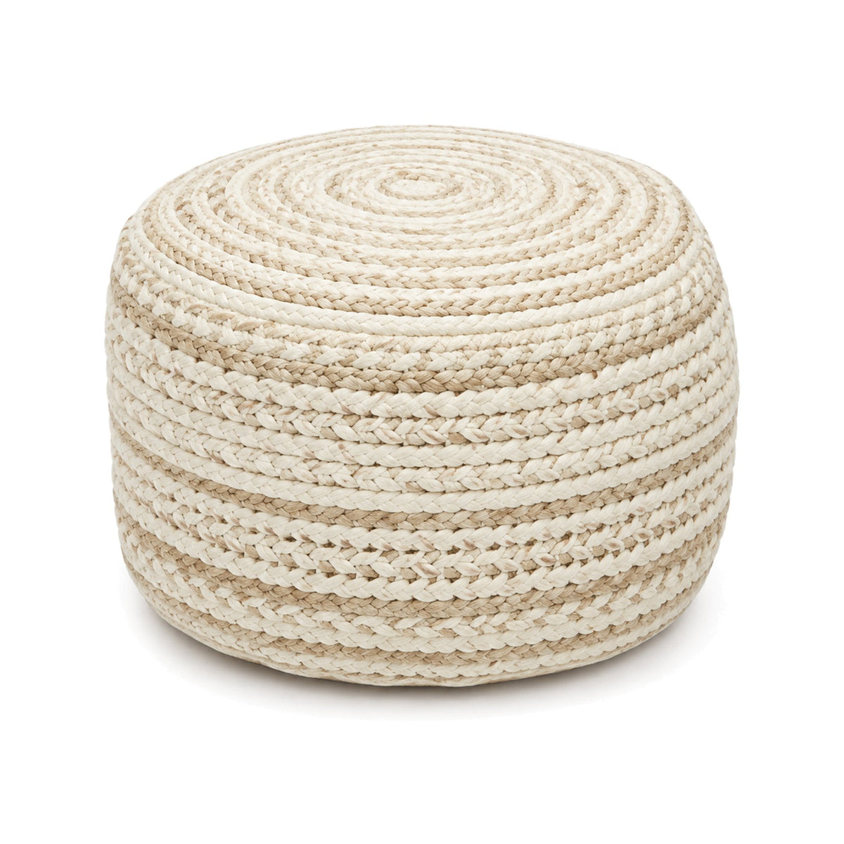 Ivory tonal braided knit round pouf ottoman on white background