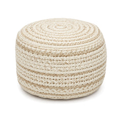 Ivory tonal braided knit round pouf ottoman on white background