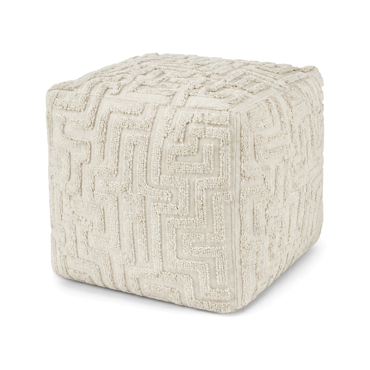 Ivory tonal maze textured cube pouf ottoman on white background