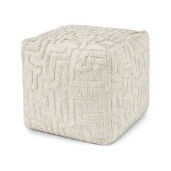 Ivory tonal maze textured cube pouf ottoman on white background