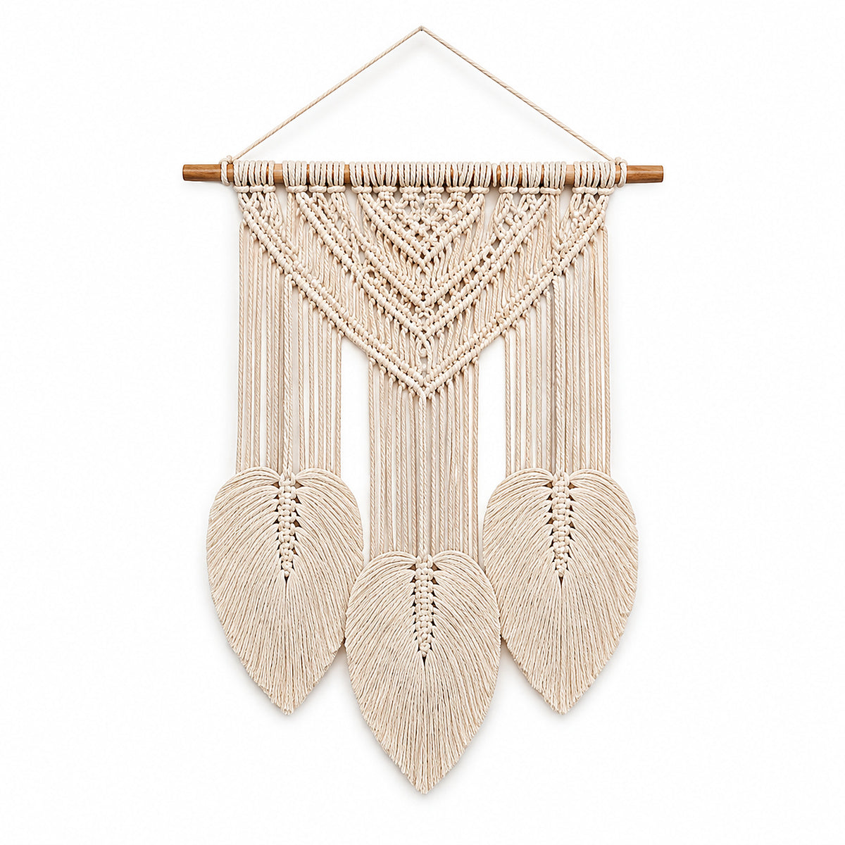 Ivory triple leaf macrame wall hanging with long fringe by Primeval