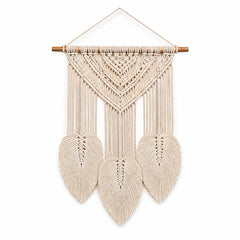 Ivory triple leaf macrame wall hanging with long fringe by Primeval