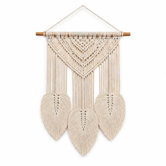 Ivory triple leaf macrame wall hanging with long fringe by Primeval