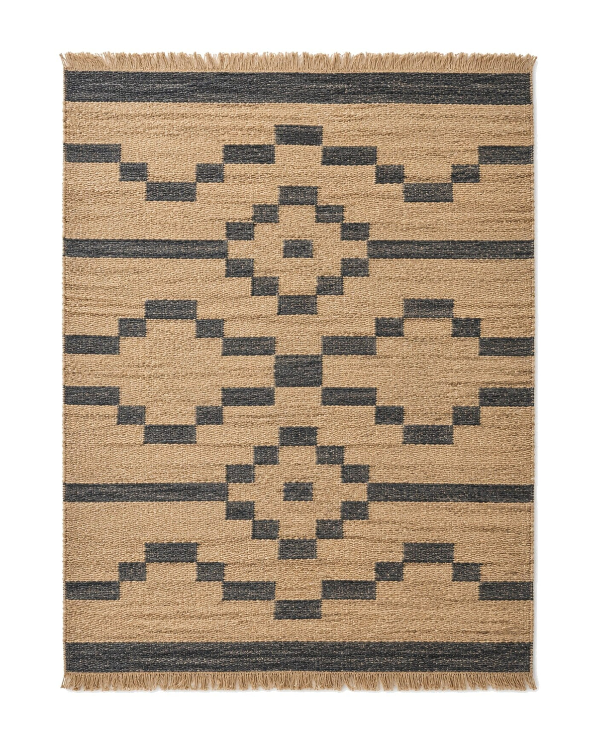 Natural jute area rug with charcoal geometric pattern for wholesale sourcing from India