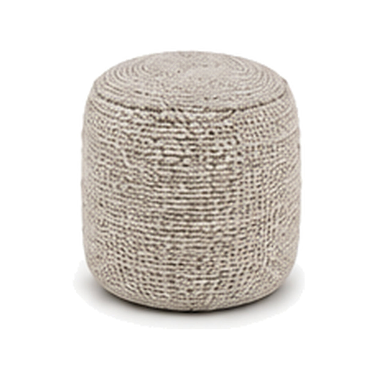 Light grey chunky knit European style cylinder pouf ottoman on white background