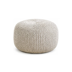 Light Grey Fine Knit Round Pouf Ottoman on white background