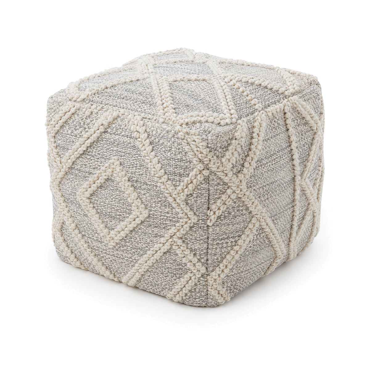 Light grey and ivory raised diamond cube pouf ottoman on white background