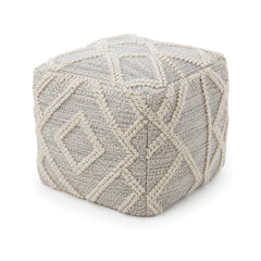 Light grey and ivory raised diamond cube pouf ottoman on white background