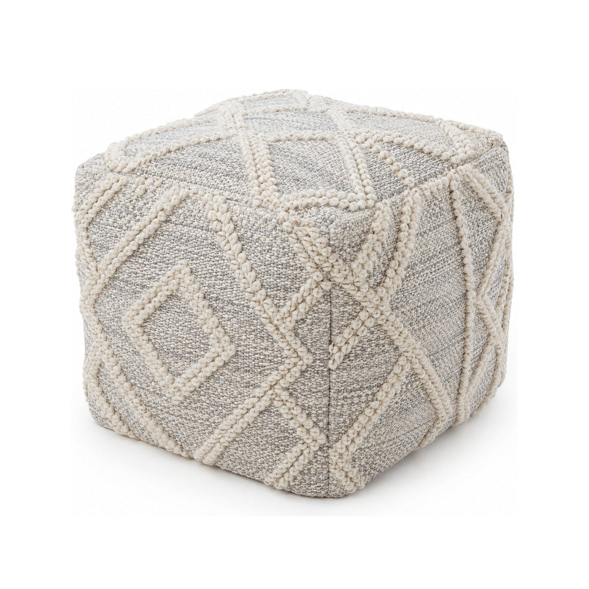 Light Grey & Ivory Raised Diamond Cube Pouf Ottoman on white background