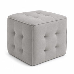 Light Grey Velvet-Touch Deep Button Tufted Cube Pouf Ottoman on white background