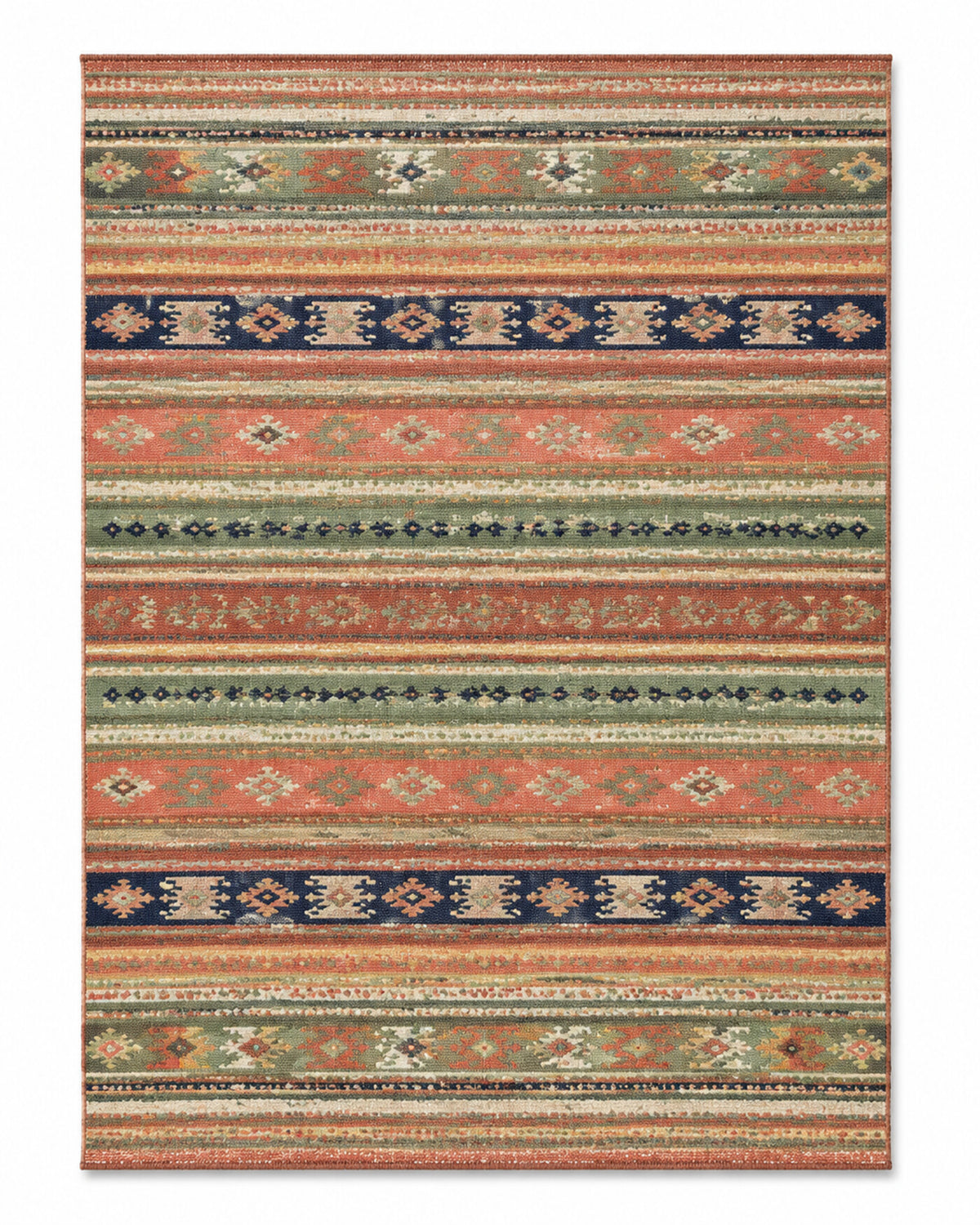 Multicolor global stripe area rug with terracotta, olive, blue, beige and ivory motifs for wholesale sourcing from India