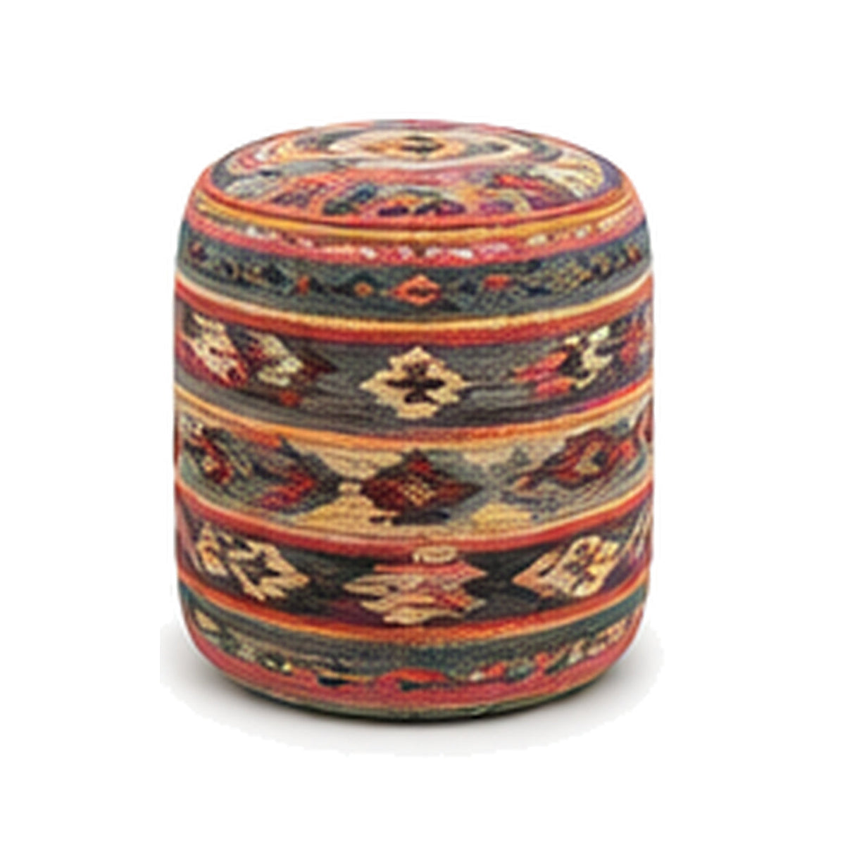 Multicolor horizontal band wool kilim cylinder pouf ottoman on white background