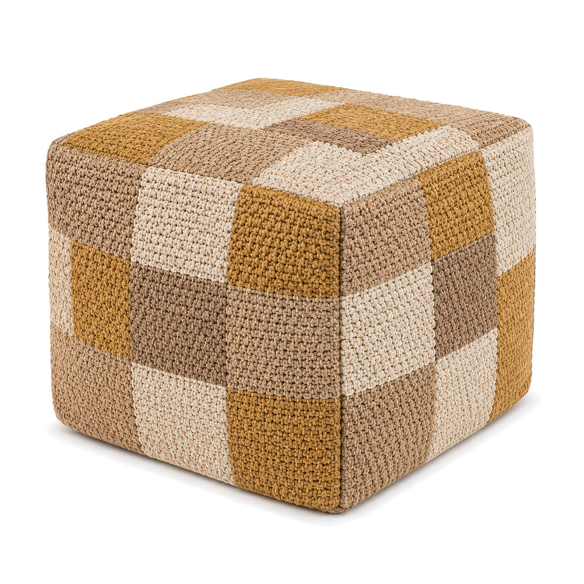 Mustard, Beige & Ivory Checkerboard Knit Cube Pouf by Primeval on white background
