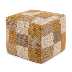 Mustard, Beige & Ivory Checkerboard Knit Cube Pouf by Primeval on white background