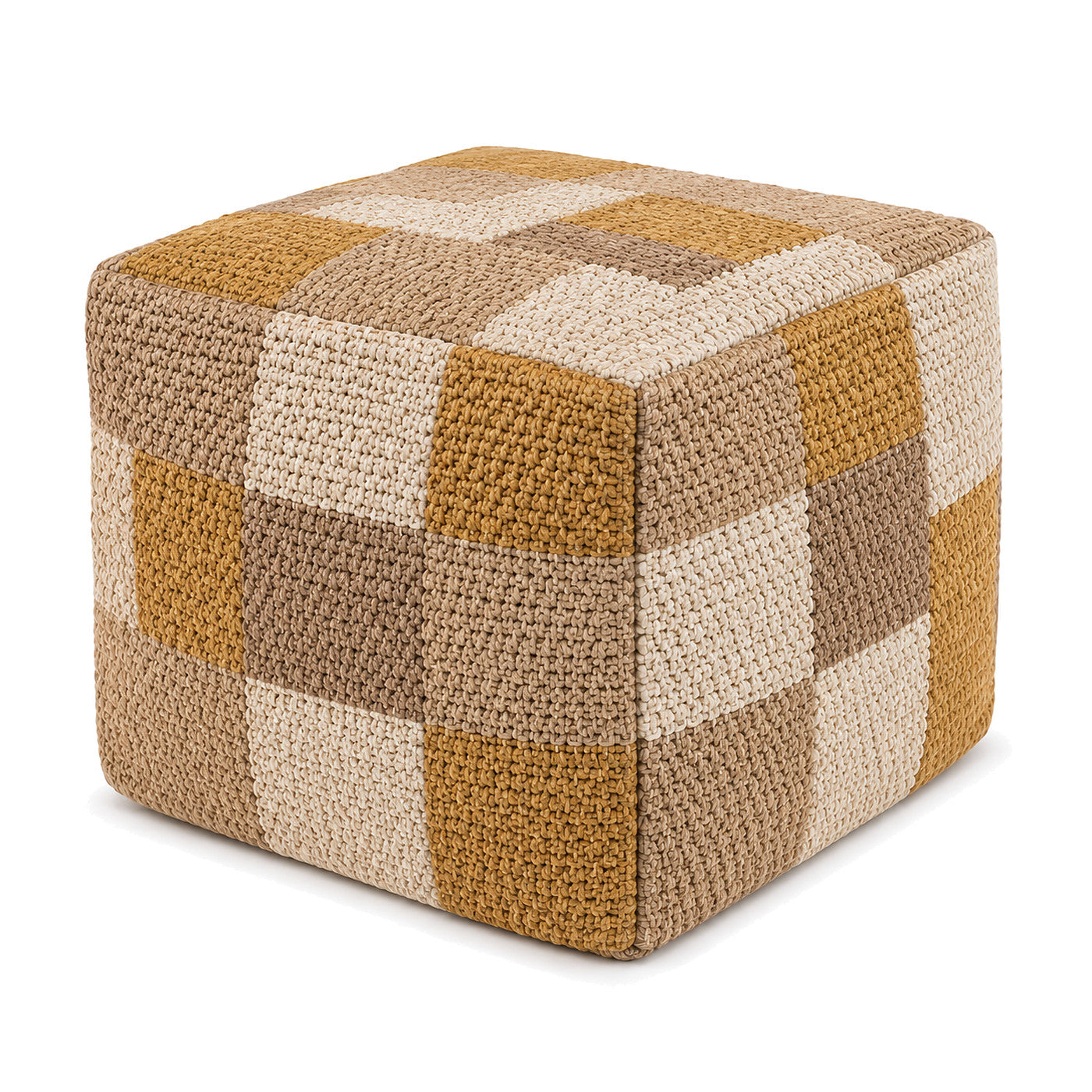 Mustard, Beige & Ivory Checkerboard Knit Cube Pouf by Primeval on white background
