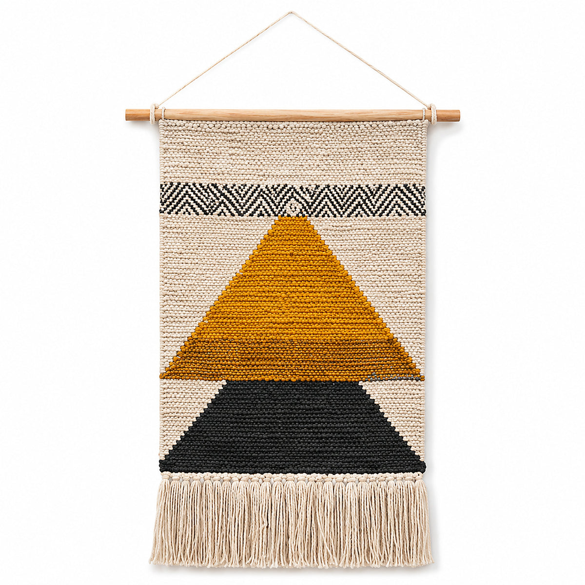 Mustard black and ivory geometric woven wall hanging with fringe by Primeval