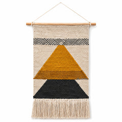 Mustard black and ivory geometric woven wall hanging with fringe by Primeval