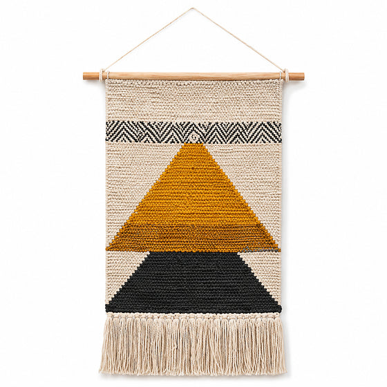 Mustard black and ivory geometric woven wall hanging with fringe by Primeval