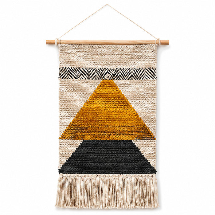 Mustard black and ivory geometric woven wall hanging with fringe by Primeval