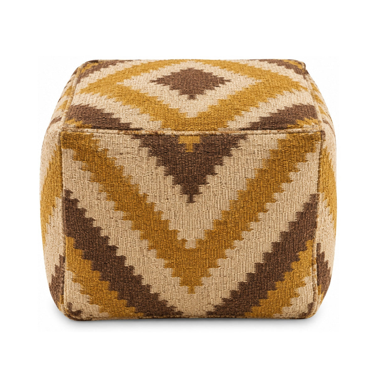 Mustard, Brown & Ivory Chevron Kilim Cube Pouf Ottoman on white background