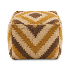 Mustard, Brown & Ivory Chevron Kilim Cube Pouf Ottoman on white background