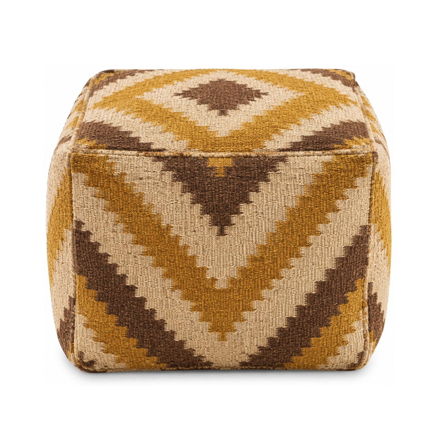Mustard, Brown & Ivory Chevron Kilim Cube Pouf Ottoman on white background