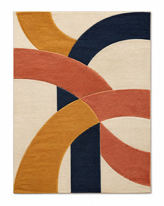 Mustard, coral and navy curved geometric band area rug for wholesale sourcing from India