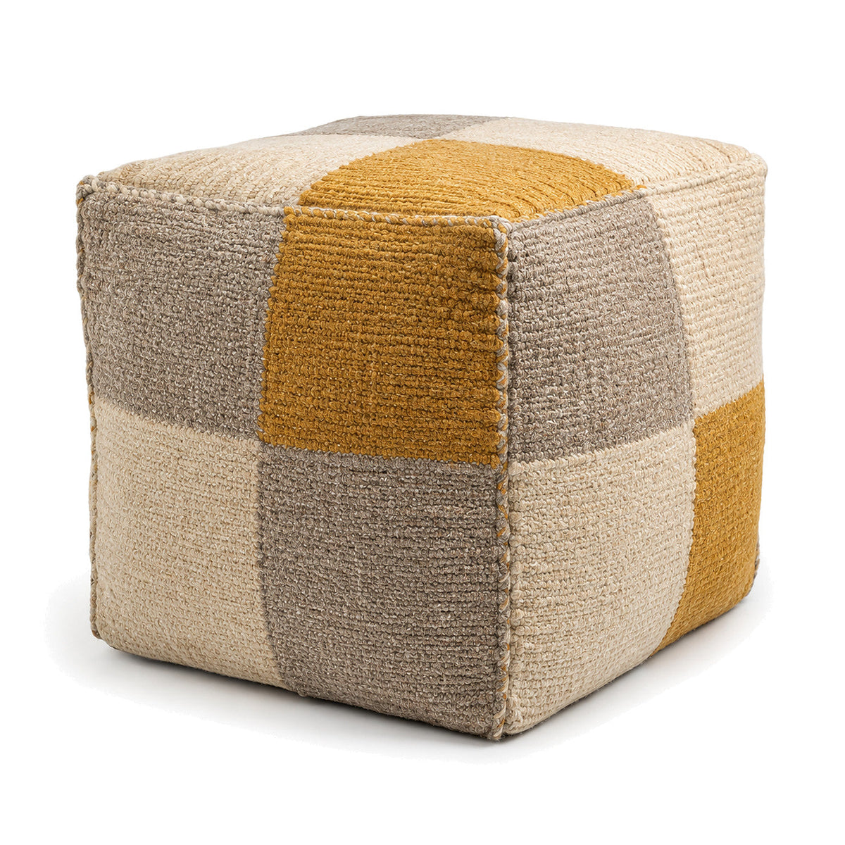 Mustard, Grey & Ivory Patchwork Woven Cube Pouf by Primeval on white background