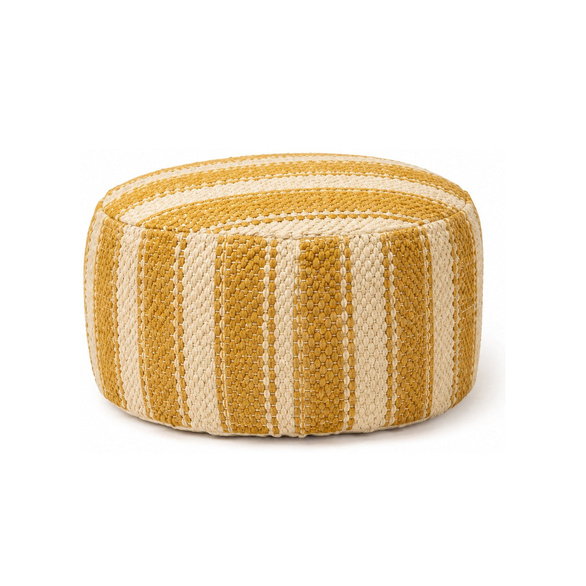Mustard & Ivory Stripe Knit Round Pouf Ottoman on white background