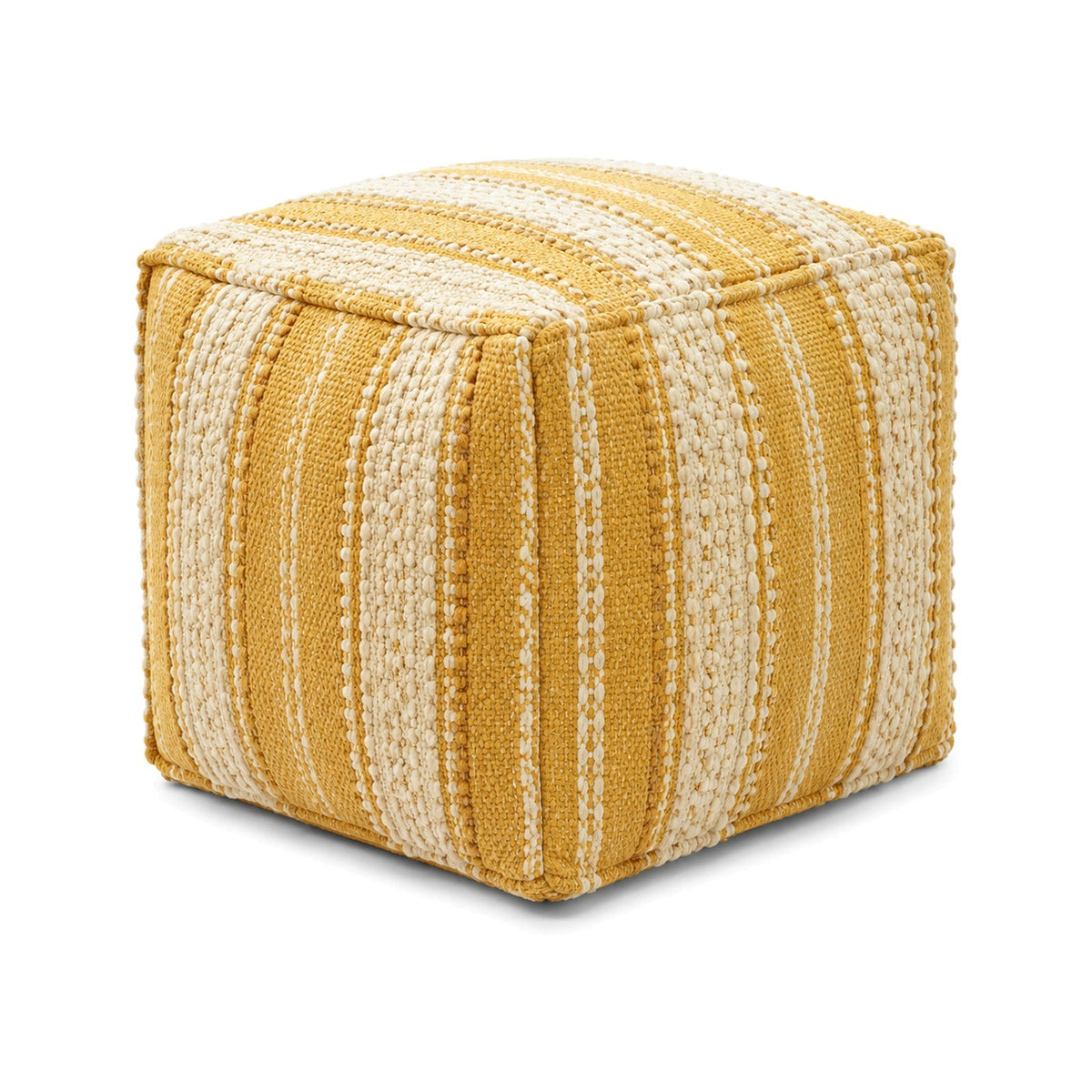 Mustard and ivory vertical stripe cube pouf ottoman on white background