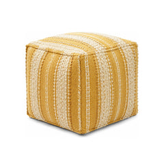 Mustard & Ivory Vertical Stripe Cube Pouf Ottoman on white background