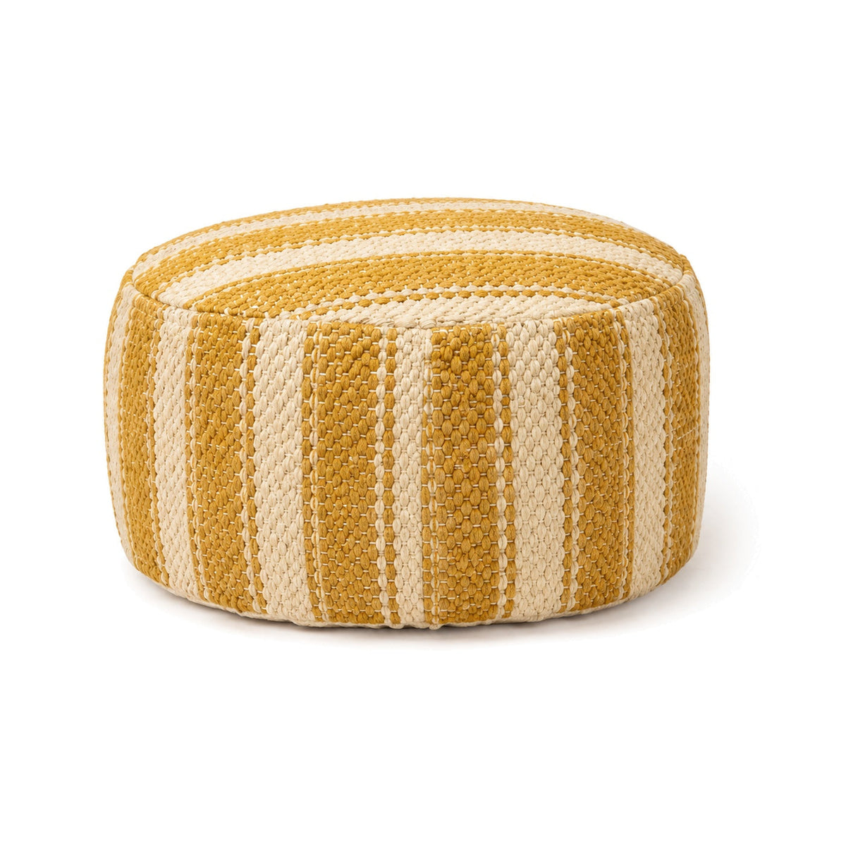 Mustard and ivory vertical stripe round pouf ottoman on white background