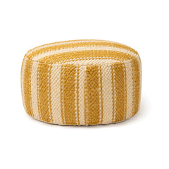Mustard and ivory vertical stripe round pouf ottoman on white background